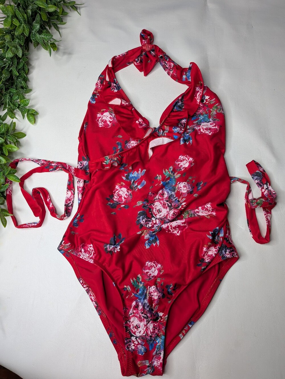 Modcloth The Reese One Piece Ruffle Swimsuit Red Floral Medium
